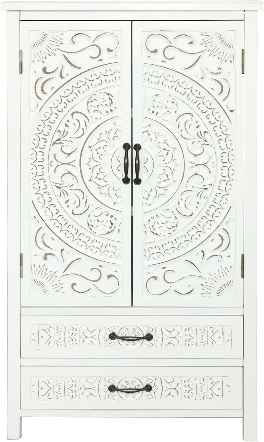 JIJIWANG 27'' Accent Tall Tower White Storage Cabinet - Rustic Wood Sideboard Pantry Cabinet with Storage for Home Decor and Organization Chic Cabinets with Two Doors and Two Drawers