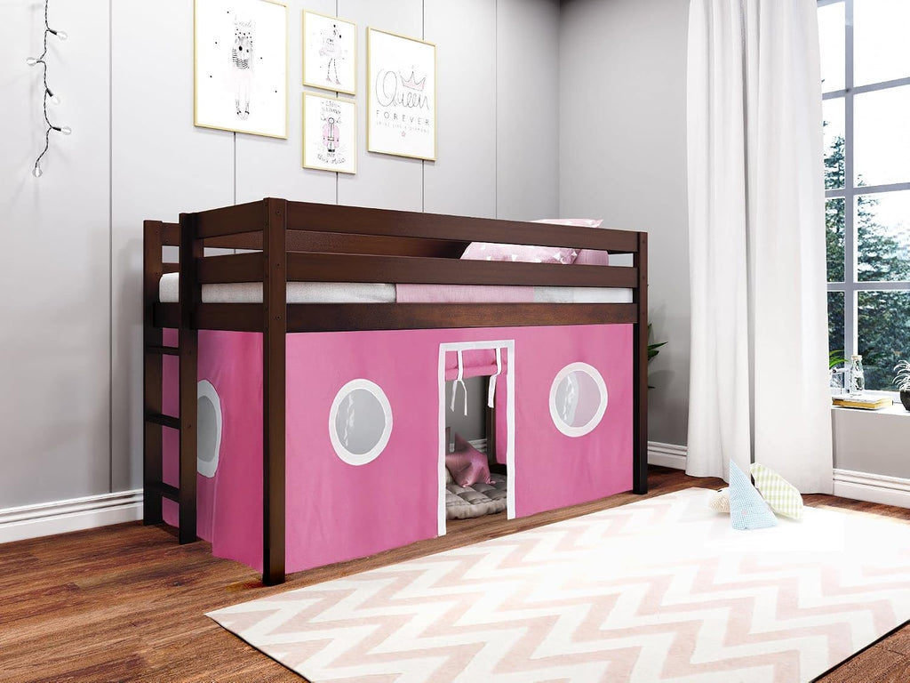JACKPOT! Contemporary Low Loft Twin Bed with End Ladder, Cherry with Pink & White Tent