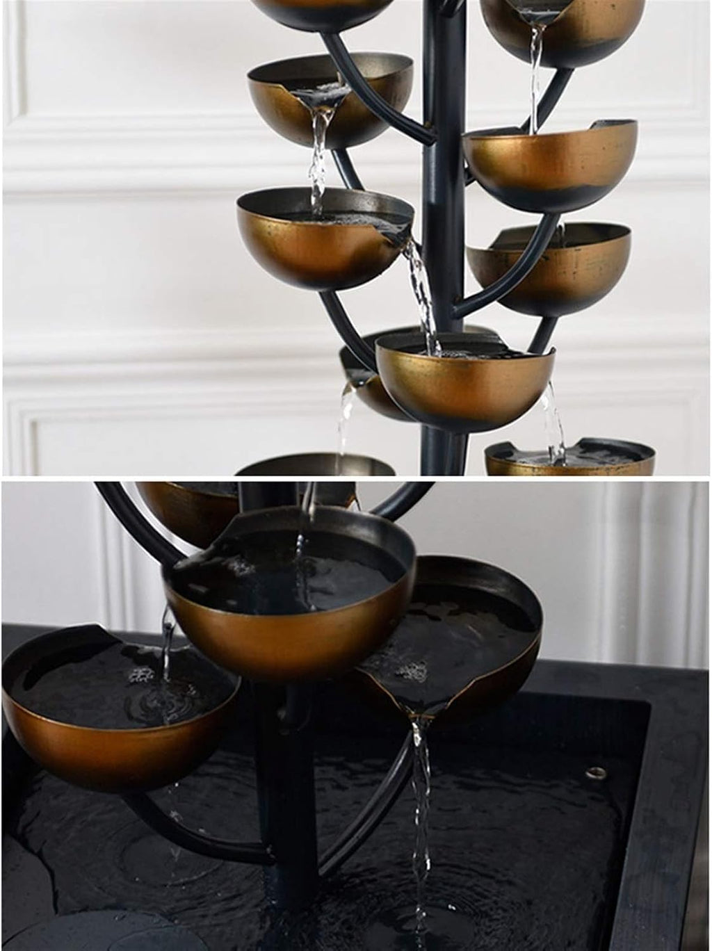 Tabletop Fountain Luxury Retro Wrought Iron Indoor Fountain Creative Living Room Entrance Office Decoration Fountain Cascading Metal Bowl Waterfall Handmade, 37.4' H Desktop Fountain
