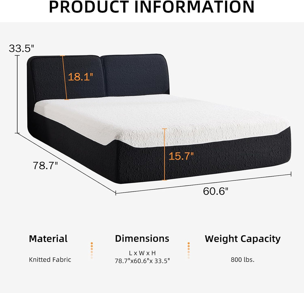 CANMOV Queen Size All-in-one Fully Compressed Sponge Bed Frame, Modern Floor Bed with Breathable Memory Foam Mattress & Headboard, Medium Firm Support, No Assembly Required, Black