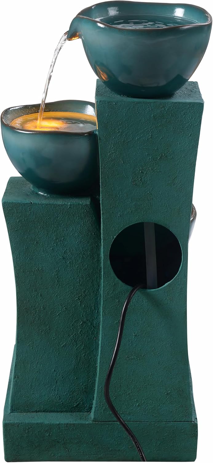 Teamson Home 28.54 in. 3-Tier Cascading Outdoor Water Fountain with LED Lights for Gardens, Landscaping, Patios, Balconies, Lawns, Green