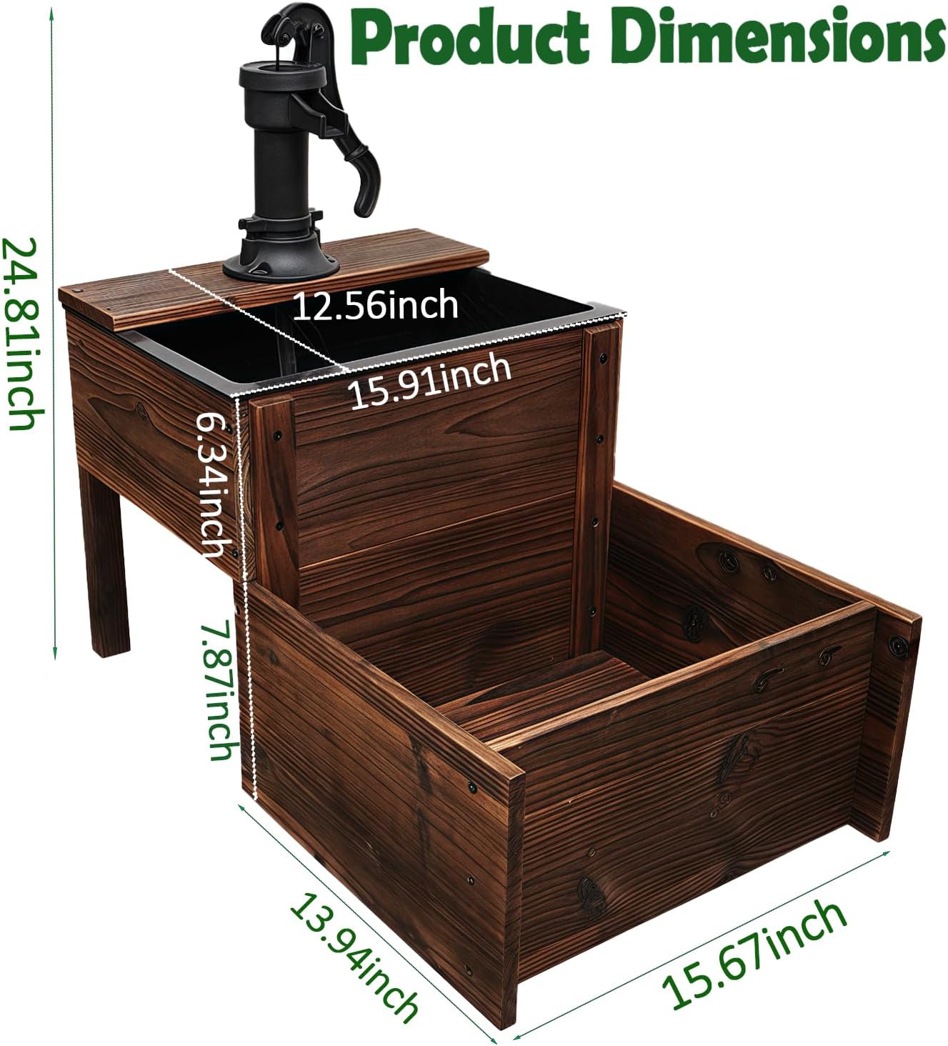 Outdoor Water Fountain，Floor Wooden Rectangular Double-Layer Old-Fashioned Pump Fountain with Flower Box，Plug-in Electric Decorative Hand Pump,Outdoor Water Feature for Garden Patio Backyard