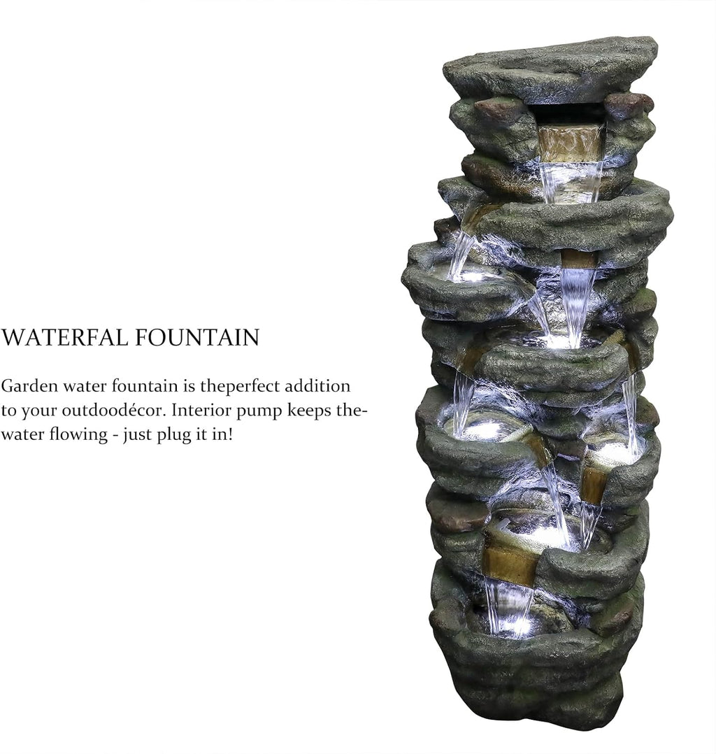 SunJet 51' High Multi-Tiers Cascading Rock Outdoor Water Fountain with LED Lights - Large Outdoor Fountains and Waterfalls for Garden or Patio, Yard, and Deck Decor, Featuring Natural Stone Look