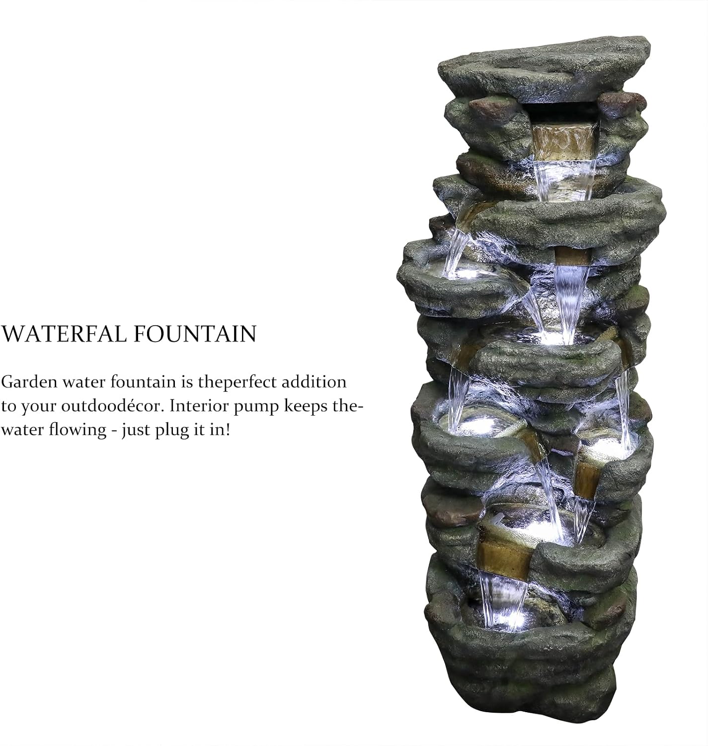 SunJet 51' High Multi-Tiers Cascading Rock Outdoor Water Fountain with LED Lights - Large Outdoor Fountains and Waterfalls for Garden or Patio, Yard, and Deck Decor, Featuring Natural Stone Look