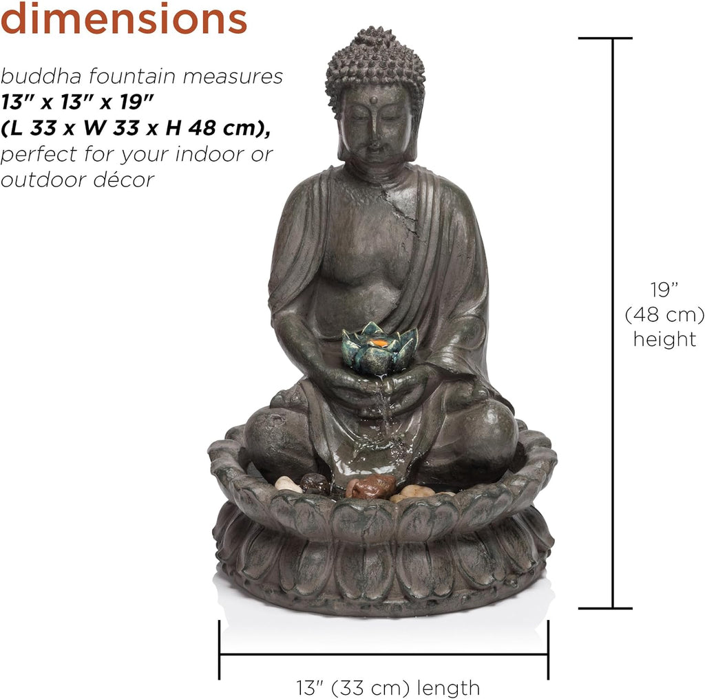 Alpine Corporation GEM178 Indoor Tabletop Meditating Buddha Water Fountain with LED Lights and Lotus Flower, 19', Beige