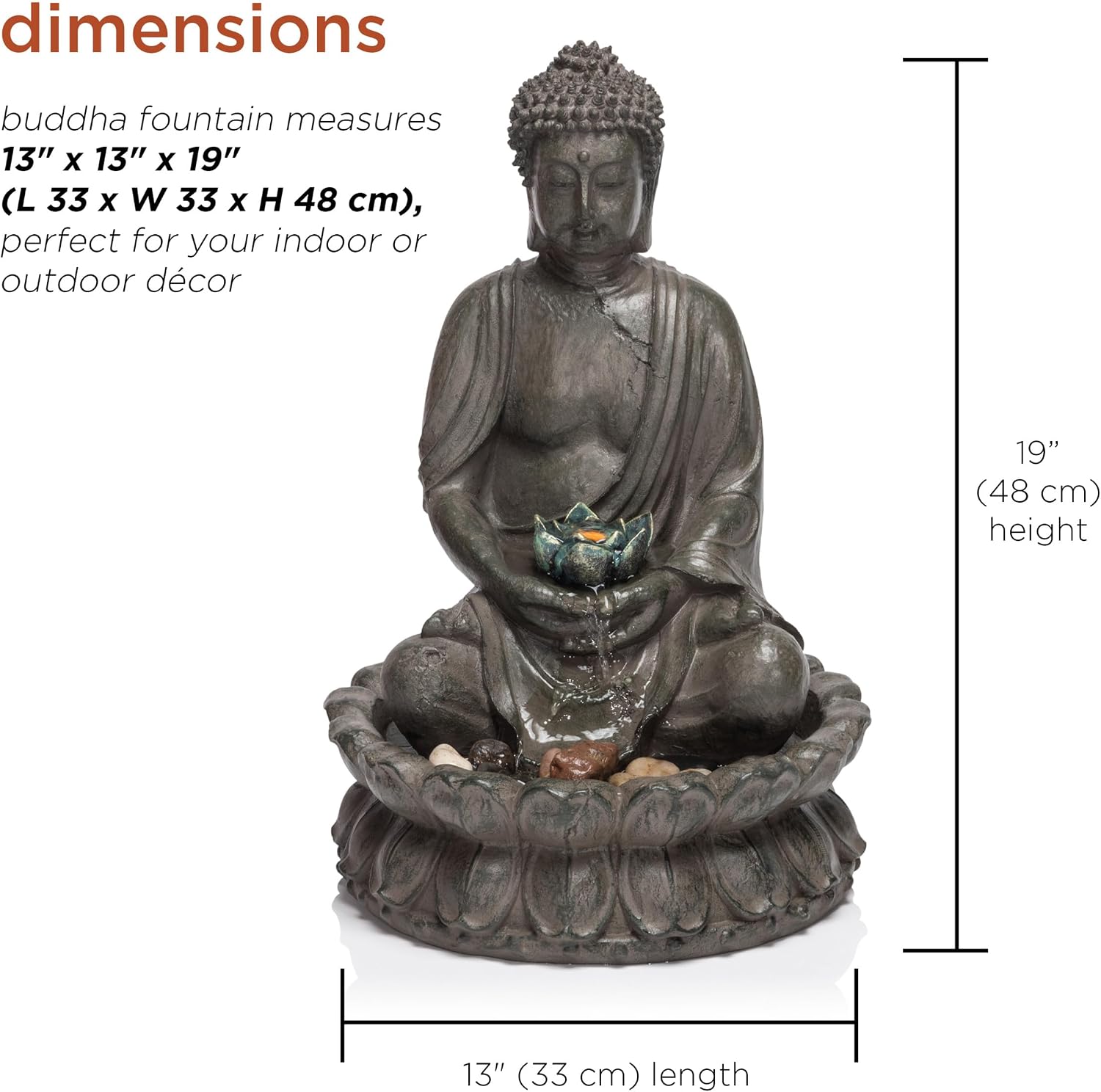 Alpine Corporation GEM178 Indoor Tabletop Meditating Buddha Water Fountain with LED Lights and Lotus Flower, 19', Beige