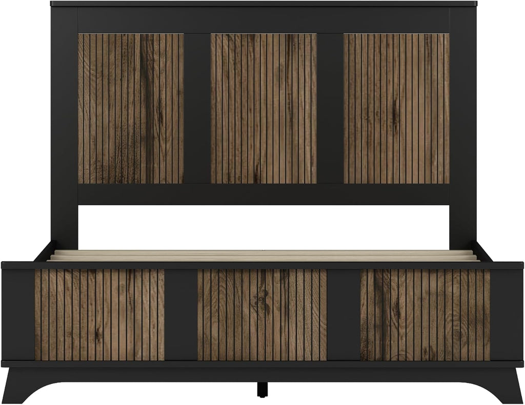 4-Pieces Bedroom Sets, Queen Size Farmhouse Platform Bed with Wooden Strip Decoration, 2 Storage Nightstands and A 6-Drawer Dresser with Metal Handle for Kids Teens, Black