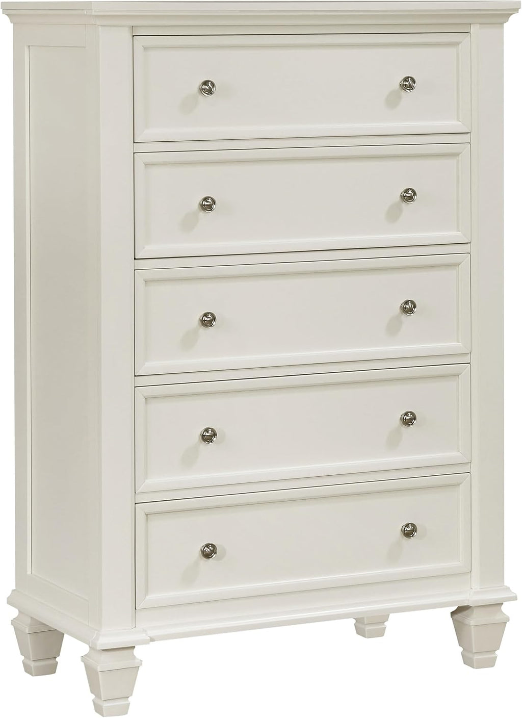 Coaster Home Furnishings Sandy Beach Coastal 5-Piece Bedroom Set Queen Size Storage Panel Bed Frame 57-inch Headboard Cream White 201309Q-S5