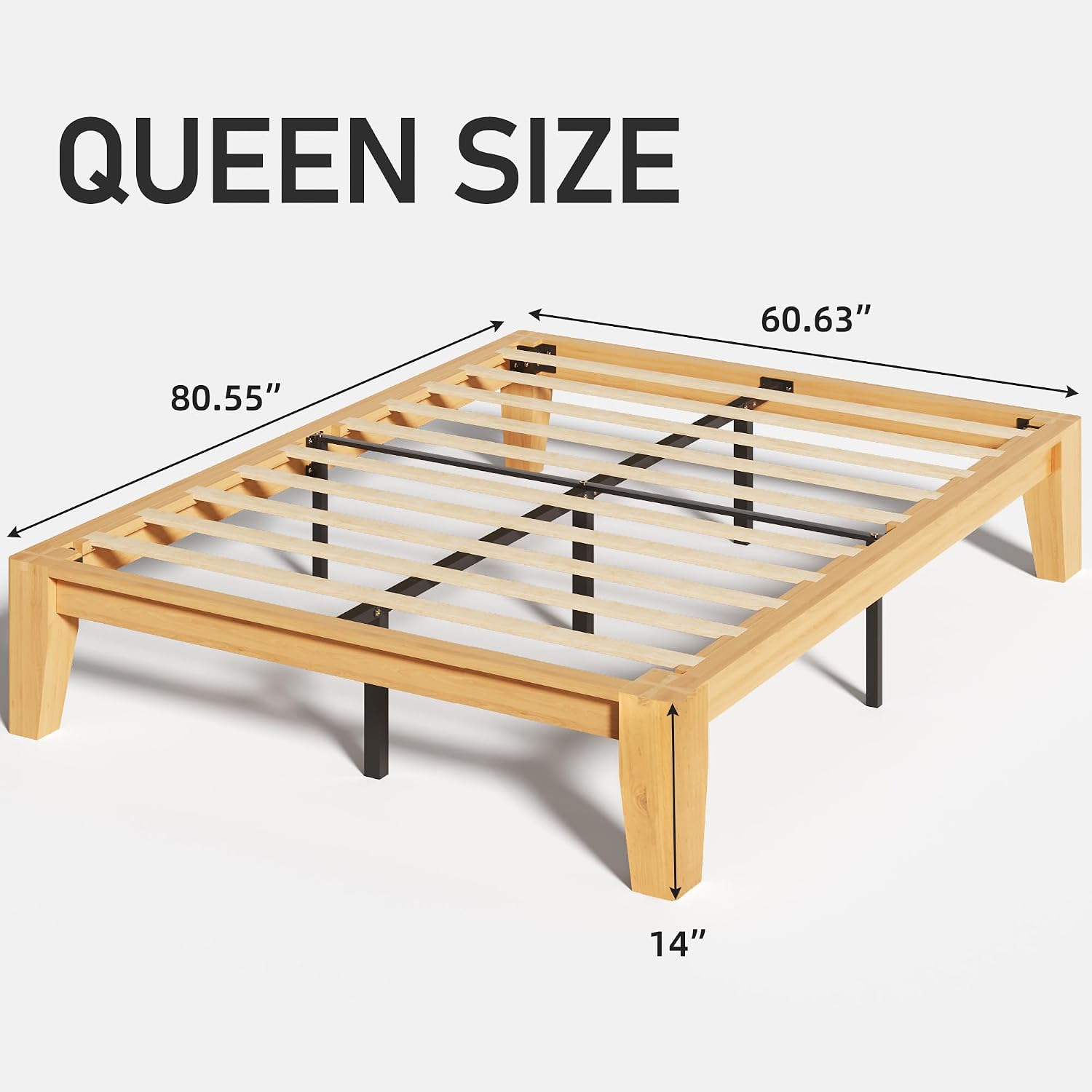 Lifezone Wood Queen Platform Bed Frame, Premium Solid Wood, Sturdy Structure, 3.78' Thickened & 14' Height Legs, Easily Assemble, Mortise & Tenon Joints Patterns, Natural