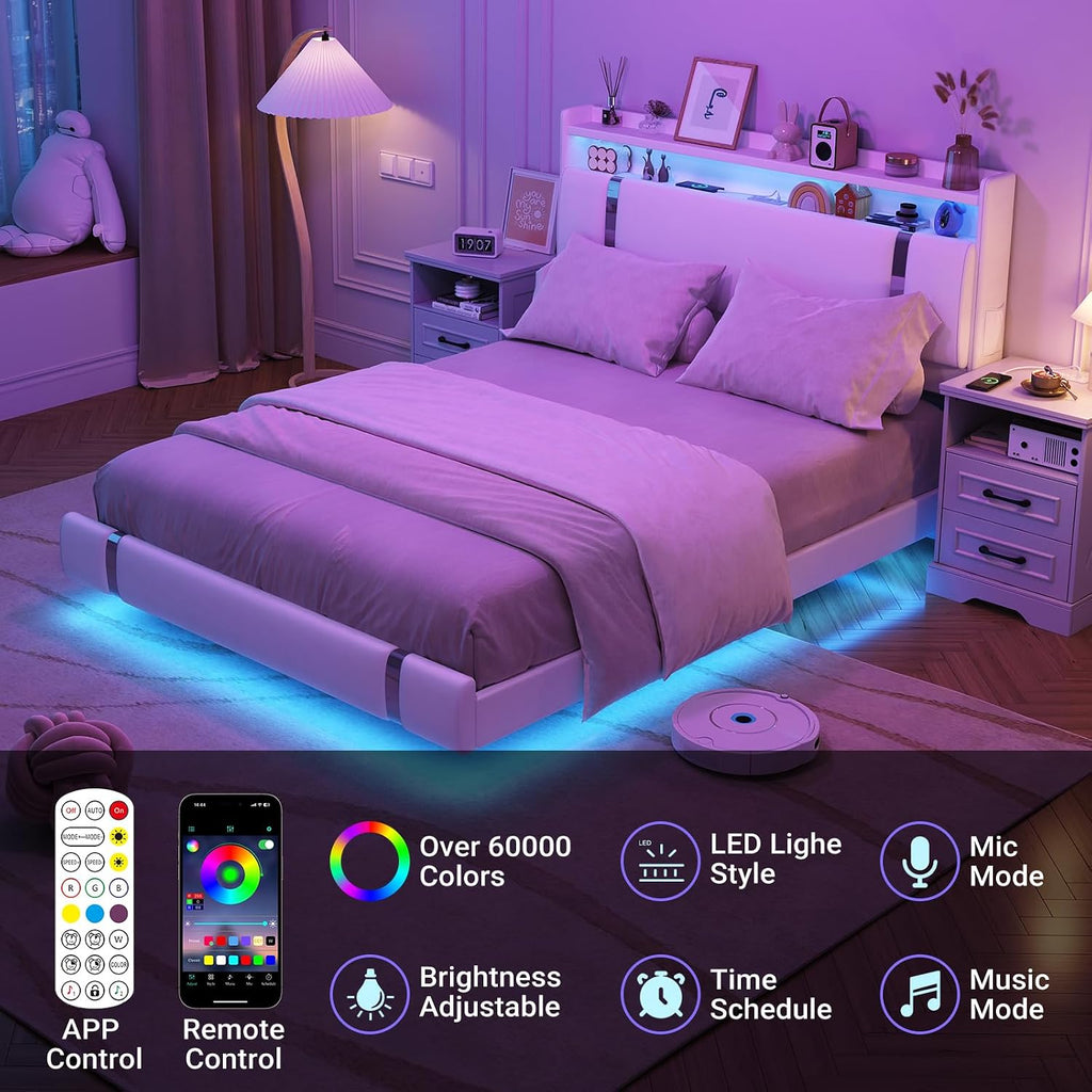 Floating Bed Frame, Full Size Platform Bed Frame with LED and Charging Station, Modern White Metal Platform Full Bed with Storage Headboard, Upholstered Platform Bed Frame, No Box Spring Needed