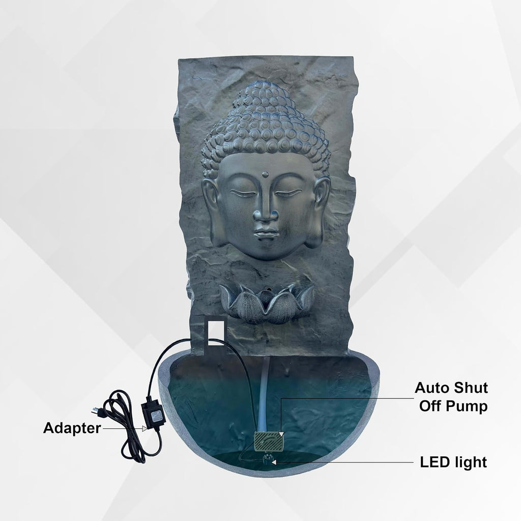 XBrand 30 in H Buddha Zen Indoor/Outdoor Wall Water Fountain, Cascading Resin Garden Fountain with Warm LED Light, Soothing Water Feature for Patio, Porch, Backyard or Meditation Decor, Black