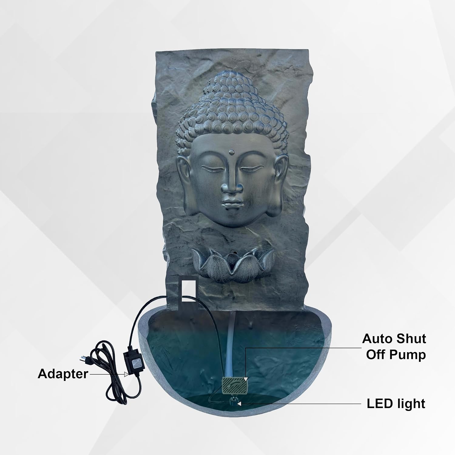 XBrand 30 in H Buddha Zen Indoor/Outdoor Wall Water Fountain, Cascading Resin Garden Fountain with Warm LED Light, Soothing Water Feature for Patio, Porch, Backyard or Meditation Decor, Black
