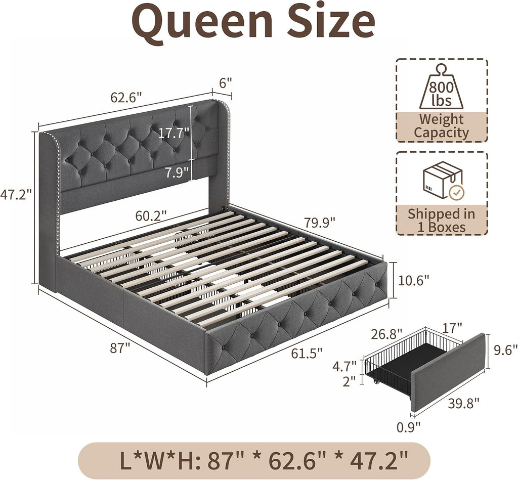 BRELTAM Queen Size Bed Frame with Storage Drawers and Wingback Headboard Linen Upholstered Platform Bed Frame Tufted Beds with Heavy Duty Wood Slats, Noise Free, Easy Assembly, Grey