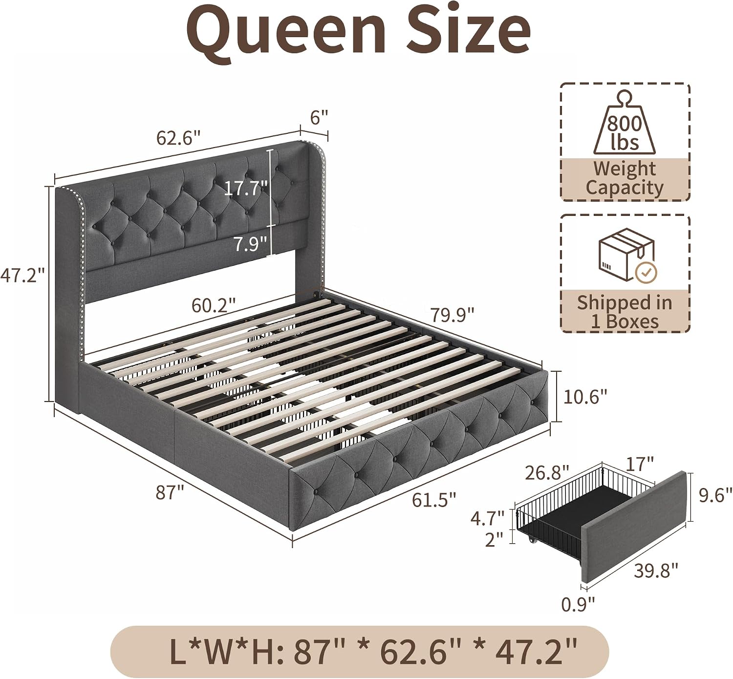 BRELTAM Queen Size Bed Frame with Storage Drawers and Wingback Headboard Linen Upholstered Platform Bed Frame Tufted Beds with Heavy Duty Wood Slats, Noise Free, Easy Assembly, Grey