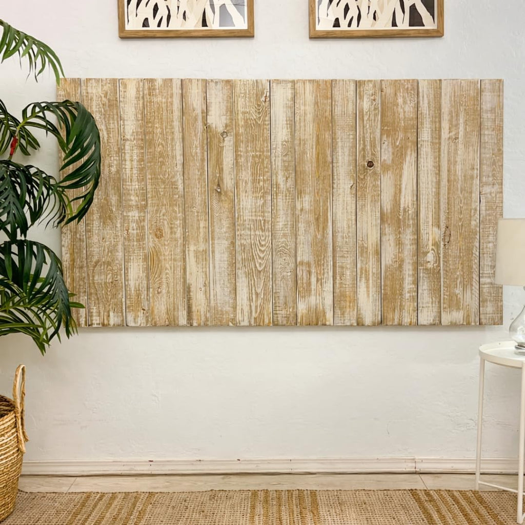 Barn Walls Boho Whitewash Headboard, Bohemian Design, Solid Wood Headboard, Floating Panels, Wall Mount, Adjustable Height, Easy Assembly, Queen Size