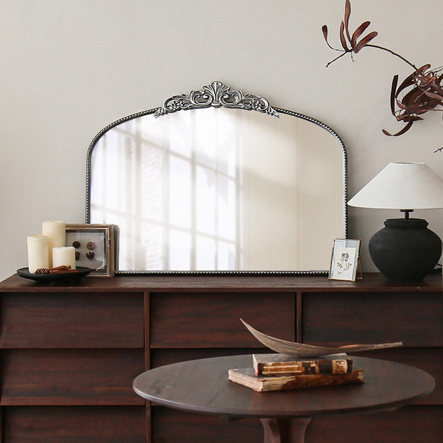 Micasso Vintage Silver Arched Mirror: 36'x29' French Baroque Antique Wall Mounted Mirror - Traditional Ornate Decorative for Wall/Fireplace/Entryway/Bathroom/Hallway - Home Decor for Living Room