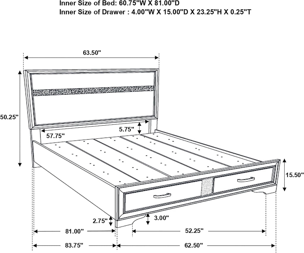 BOWERY HILL Modern Queen Storage Panel Bed, Asian Hardwood and MDF, White/Rhinestone Finish, Built-in Footboard Drawers, Contemporary Design, Glamorous Bedroom Furniture, 50.25 in H x 63.5 in W x