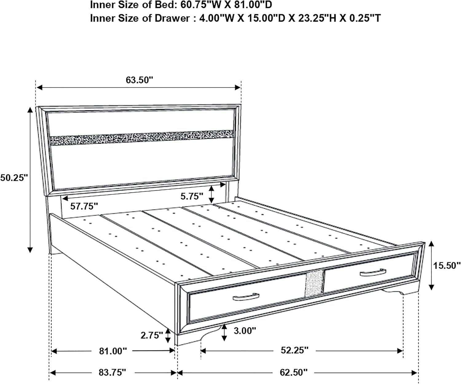 BOWERY HILL Modern Queen Storage Panel Bed, Asian Hardwood and MDF, White/Rhinestone Finish, Built-in Footboard Drawers, Contemporary Design, Glamorous Bedroom Furniture, 50.25 in H x 63.5 in W x