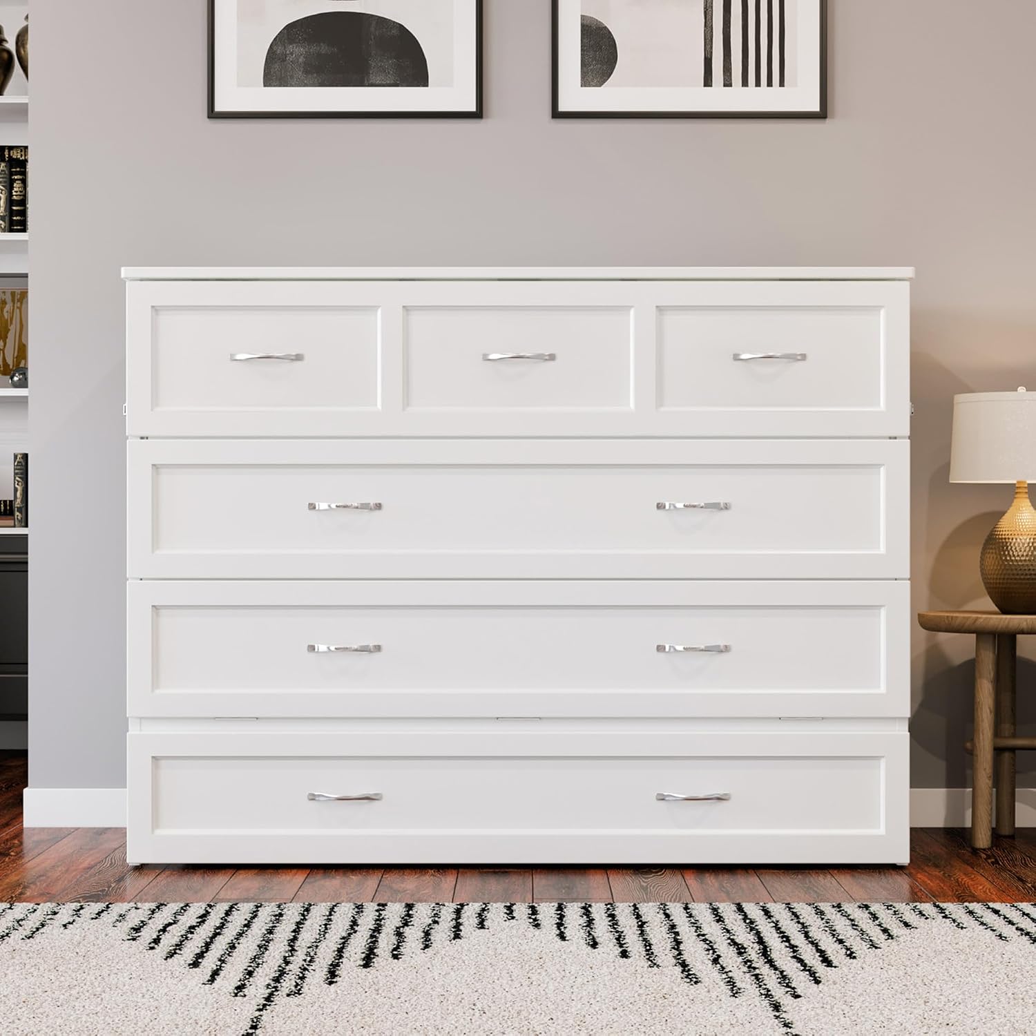 AFI, Northfield Murphy Bed Chest Full with 6' Mattress, Storage Drawer & Built-in USB Charger, White