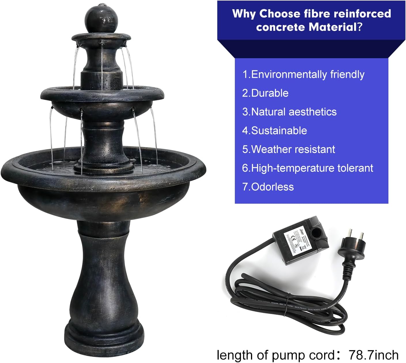 45.2' H Outdoor Floor Water Fountain, 3-Tiers Concrete Water Fountain with Submersible Electric Pump - Garden Cascading Waterfall for Yard Patio Lawn Home Decor