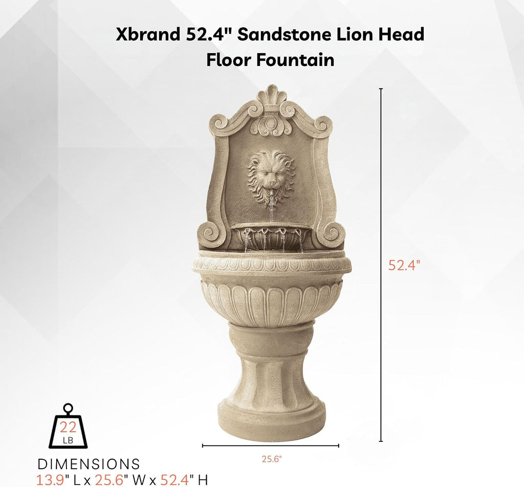 Xbrand 52.4' Sandstone Lion Head Floor Fountain, Two-Tier Outdoor Water Feature, Durable Resin Construction