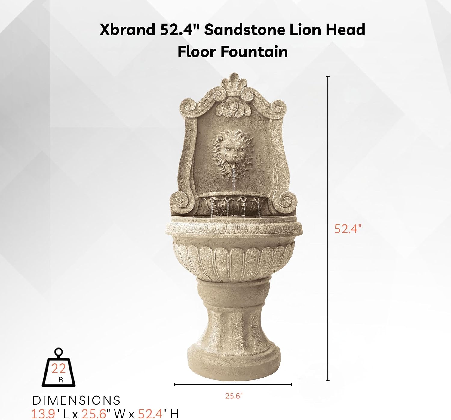 Xbrand 52.4' Sandstone Lion Head Floor Fountain, Two-Tier Outdoor Water Feature, Durable Resin Construction