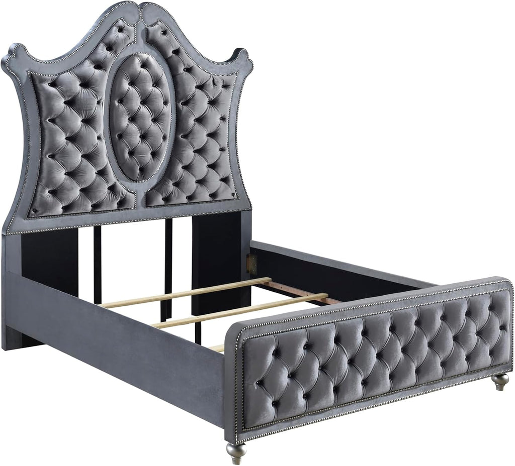 6pc Traditinal Gray Finish Luxury Upholstered Queen Size Panel Bed Set Arched Headboard Master Bedroom Furniture