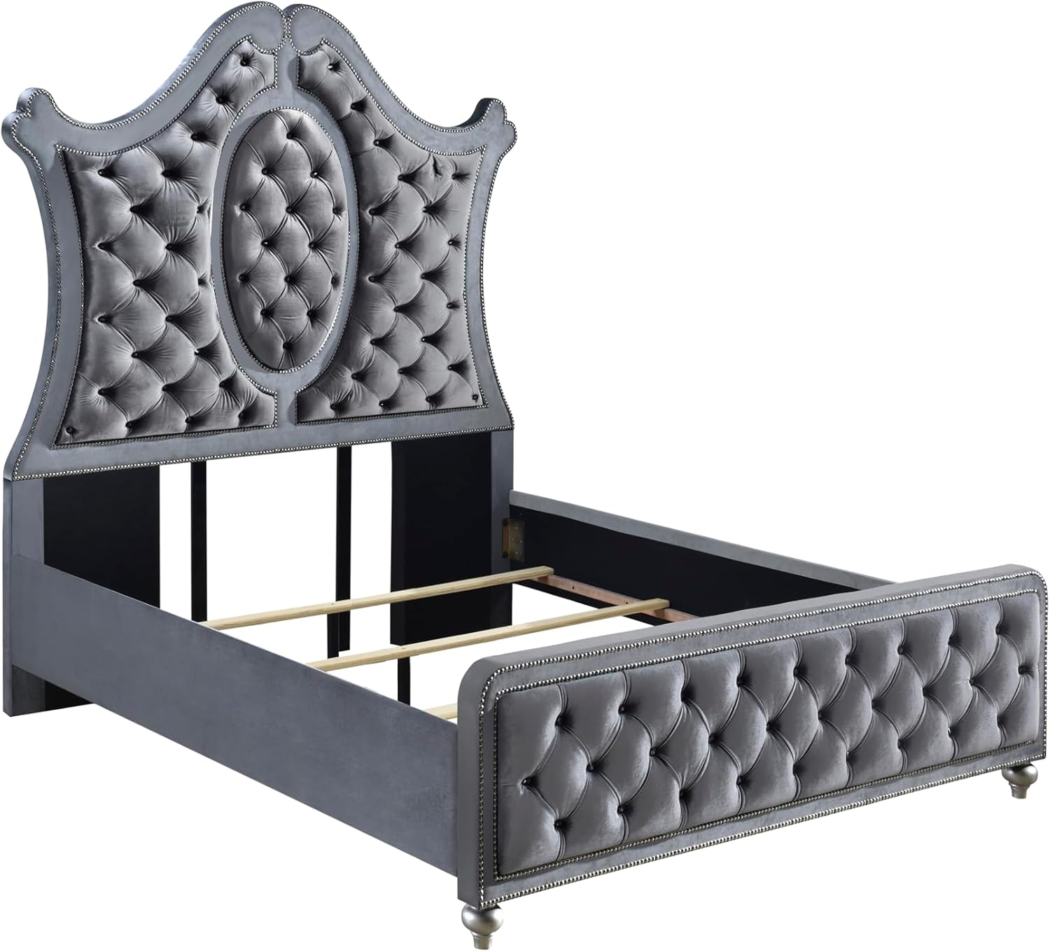 6pc Traditinal Gray Finish Luxury Upholstered Queen Size Panel Bed Set Arched Headboard Master Bedroom Furniture