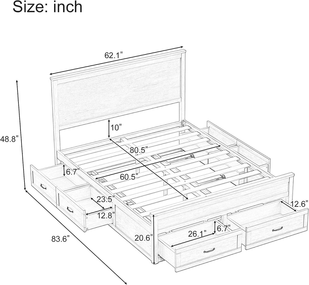 VilroCaz Modern Queen Size Platform Bed with 6 Drawers, Wood Storage Bed Frame with 48.8' High Headboard and Slats Support, No Box Spring Needed (Brown-5.19)