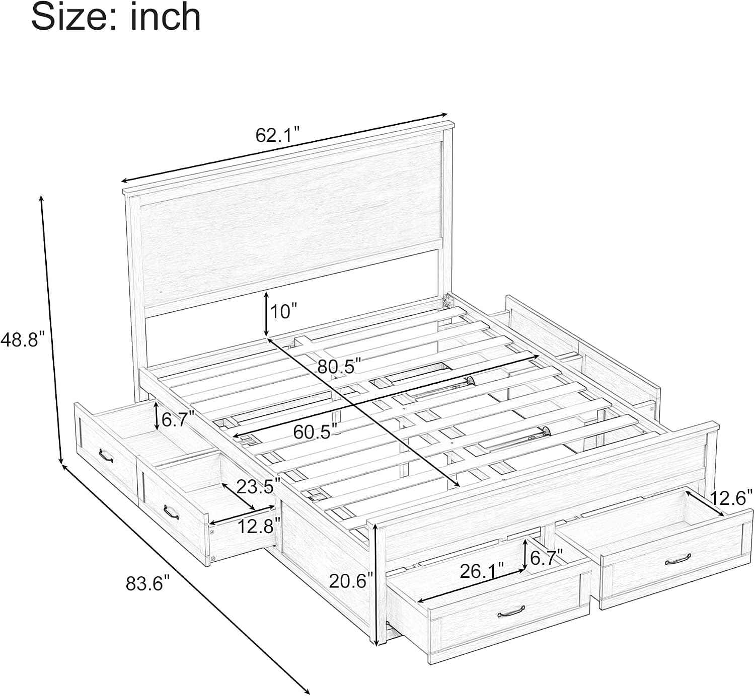 VilroCaz Modern Queen Size Platform Bed with 6 Drawers, Wood Storage Bed Frame with 48.8' High Headboard and Slats Support, No Box Spring Needed (Brown-5.19)