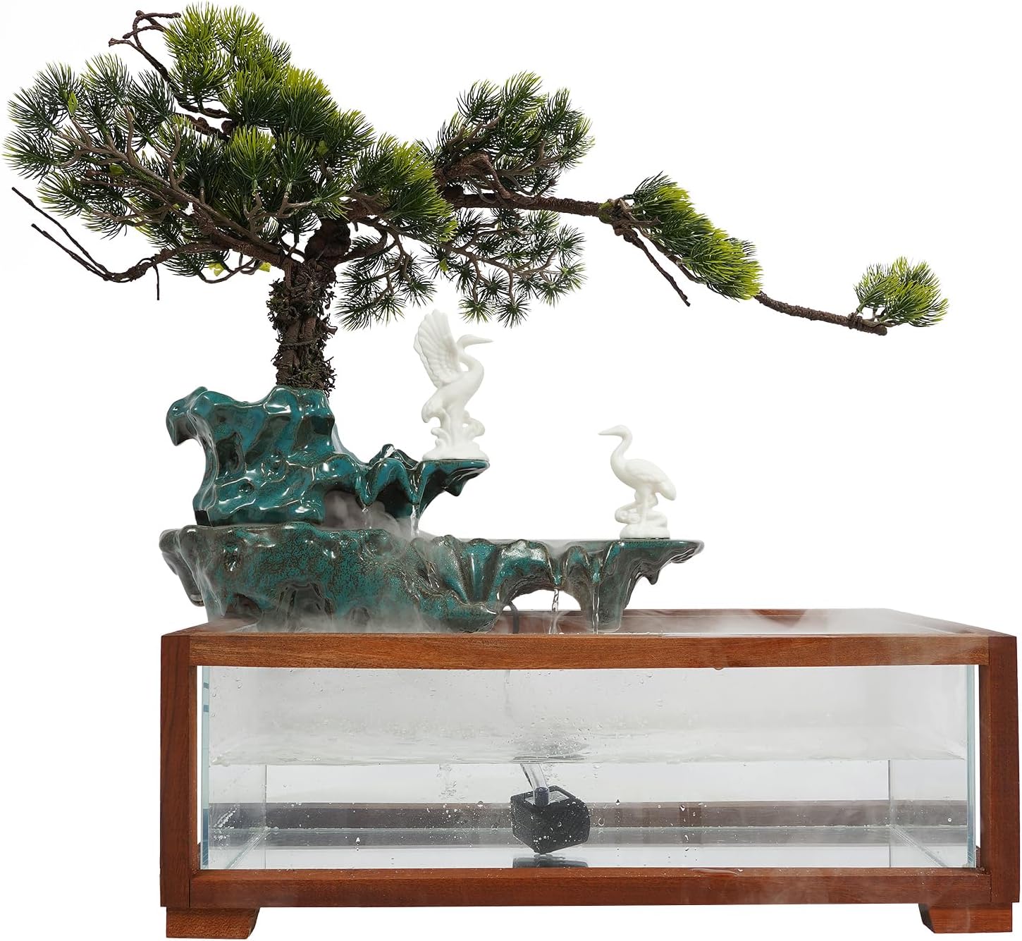 Desktop Waterfall Fountain with Fish Tank, Ceramic Statues, Rockery Bonsai Humidifier with LED Light, Indoor Tabletop Fountains, Aquariums, Plant for Home Office Desk Decor (Style 1)