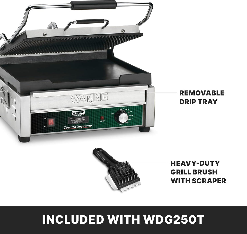Waring Commercial Panini Press with Timer, Ribbed & Flat Cast Iron Plates, 14.5' x 11' Cooking Surface, 570°F Adjustable Thermostat, for Sandwiches up to 3' Thick, 120V, WDG250T