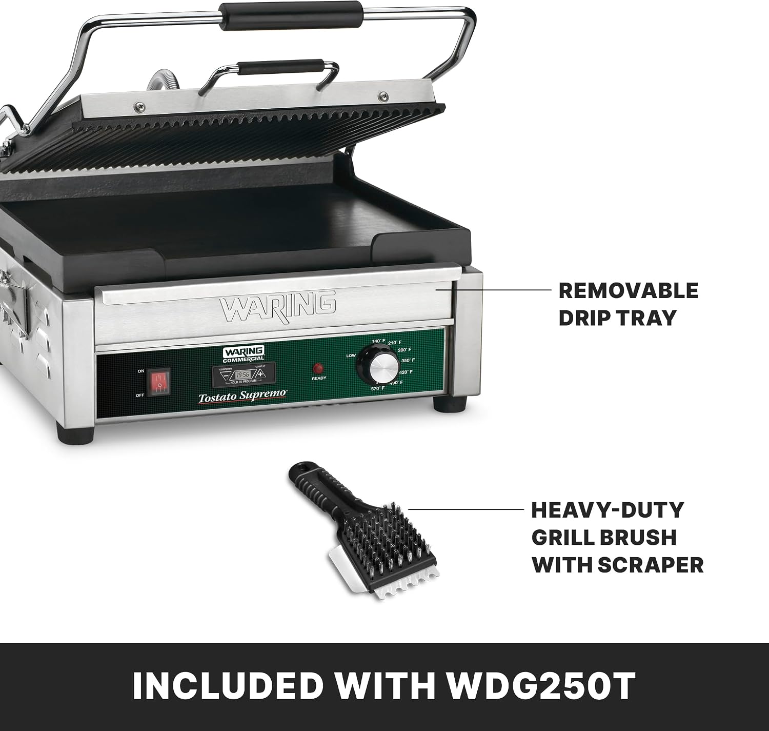 Waring Commercial Panini Press with Timer, Ribbed & Flat Cast Iron Plates, 14.5' x 11' Cooking Surface, 570°F Adjustable Thermostat, for Sandwiches up to 3' Thick, 120V, WDG250T