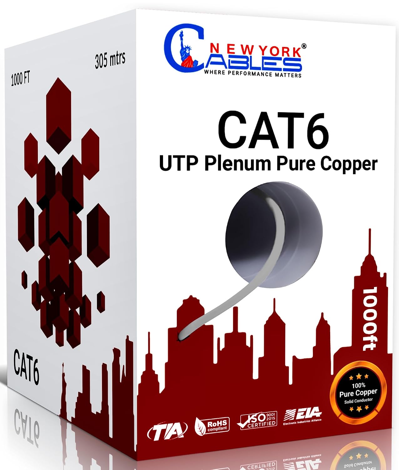 NewYork Cables CAT6 Plenum Cable 1000ft | 100% Solid Bare Copper, UTP, 550MHz, 23AWG, 4Pair 10GB Ethernet Cable, Certified CMP-Rated Bulk Cat 6 Cable for Networking & Gaming (1000ft, Pure Copper,Grey)