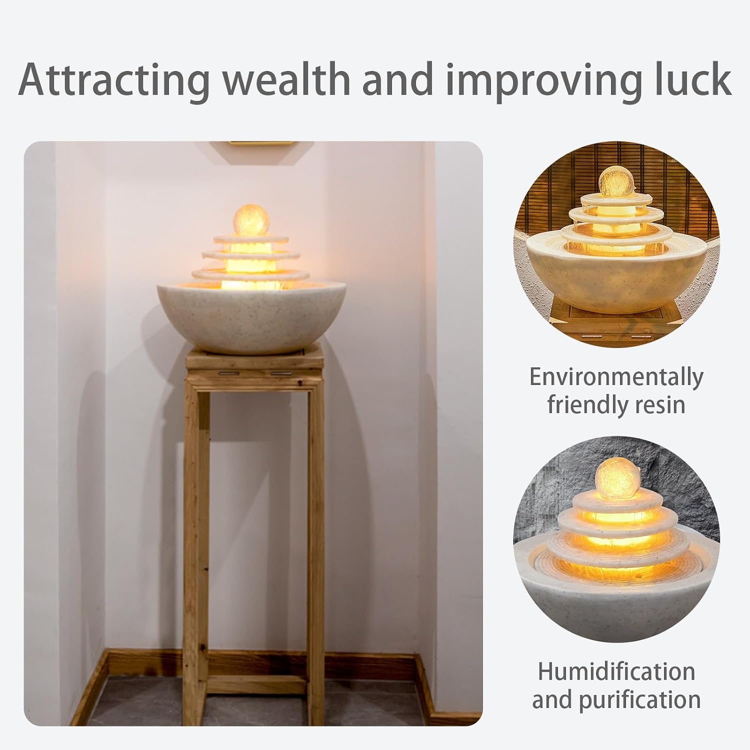 Tabletop Fountain, Indoor Waterfall with LED Lights, Relaxing Polyresin Desktop, Office Living Room Bedroom Decor(White)