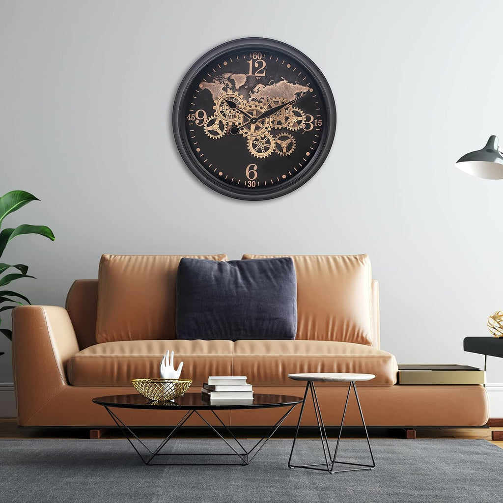 CLXEAST 24 Inch Moving Gear Wall Clock with World Map Pattern,Large Black Gold Metal Wall Clock for Modern Farmhouse Living Room Decor,Reloj De Pared para Sala