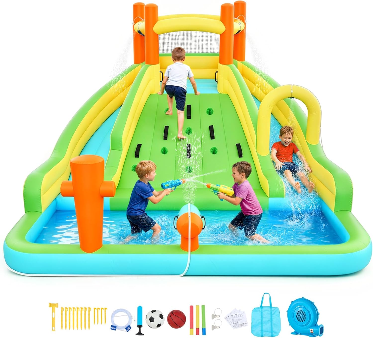 VEVOR Inflatable Water Slide Bounce House with Blower, Compact 5-in-1 Kids Bouncy Castle with Slide, Splash Pool, Climbing Wall, Basketball Hoop & Bounce Area for Kids