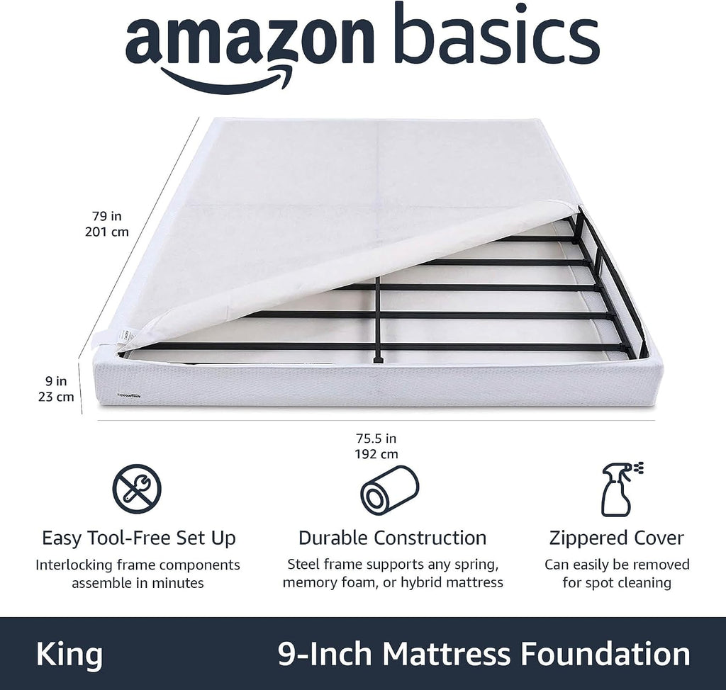 Amazon Basics Smart Box Spring Bed Base, 9-Inch Height Sturdy Mattress Foundation, Strong Metal Support, Tool-Free Easy Assembly, King, 79'L x 75.5'W x 9'H, White