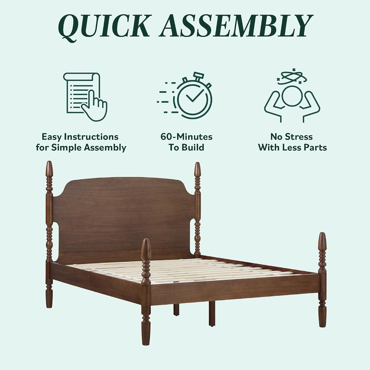 Walker Edison EZ Assembly™ Traditional Wood Spindle Post Bed, Modern Farmhouse Bed Frame Queen Bed Frame with Headboard, No Box Spring Required, Queen Size, Dark Brown