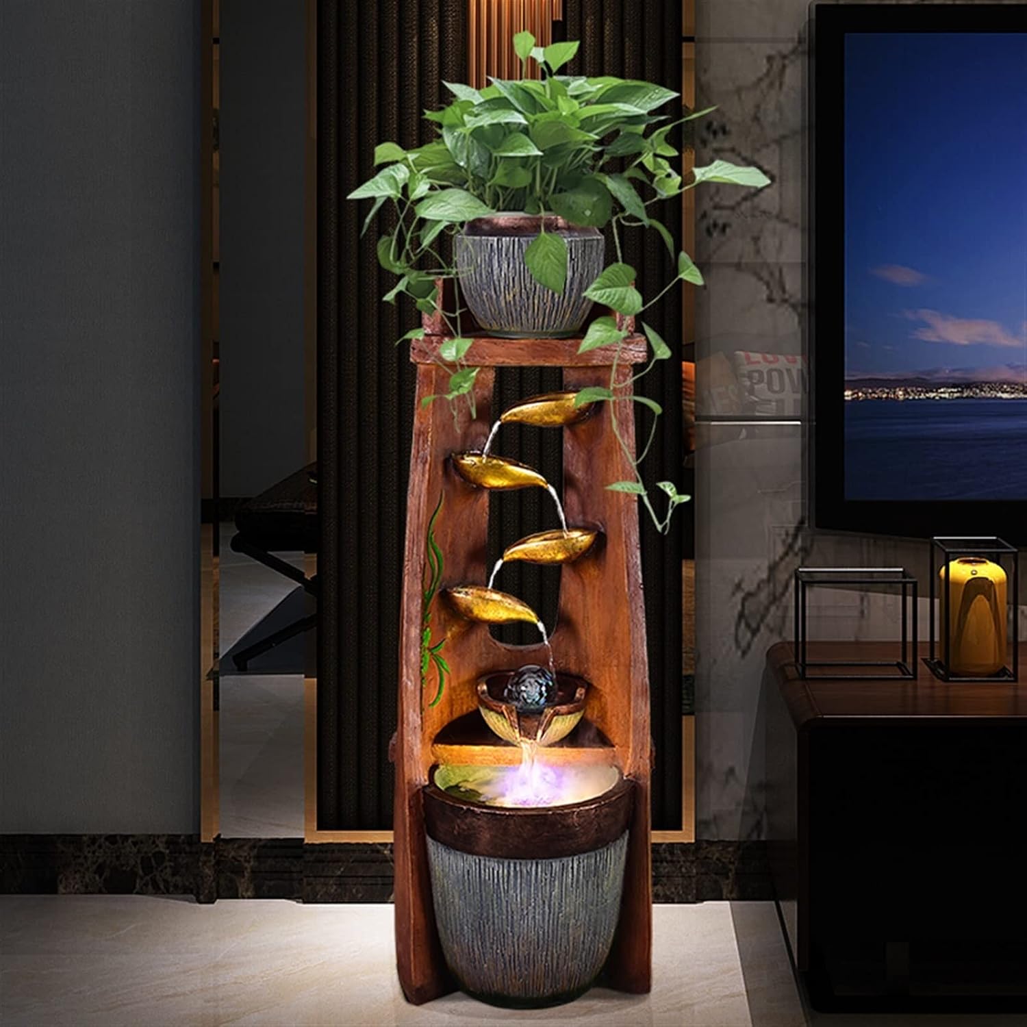 Indoor Water Fountain Tabletop Fountains 5-Tier Desktop Water Fountain - Orb Tabletop Fountain Relaxation Desktop Fountain with LED Light - for Home Office for Home Bedroom Office Decoration (A )