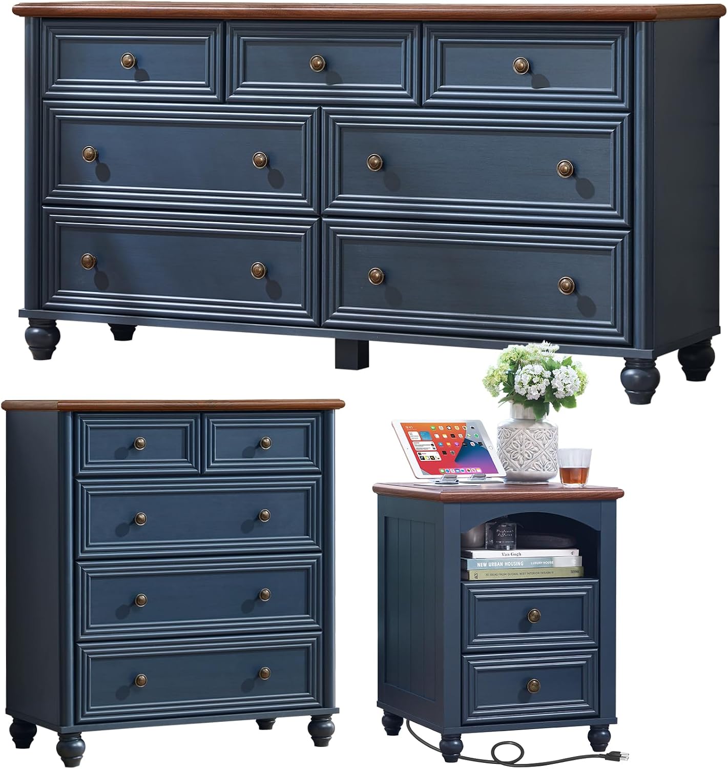 Farmhouse Dressers & Night Stand Set of 3, Wood 54' Wide 7 Drawer Dresser & 35.5'Tall Chest of Drawers, 18' with Charging Station Nightstand, Bedroom Furniture Dresser Set for Home Living Room Hallway