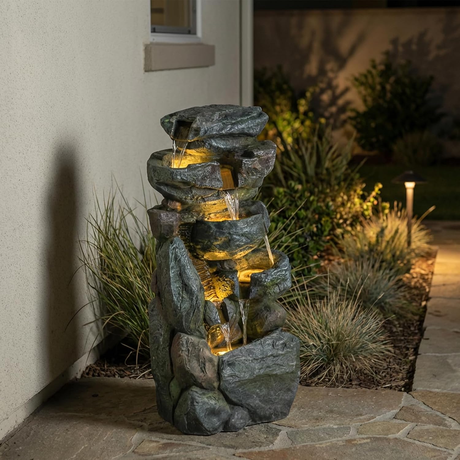 Bumilgar Water Features Outdoor Patio 6-Tier Cascading Rock Water Fountain 31.5''Water Fall Fountain Outside Resin Fountain with Light Mossy Rock Floor Garden Fountain Indoor for Relaxation Home Decor