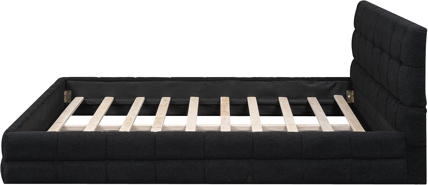 Ball & Cast Queen Size Low Bed Frame with Soft Fleece Headboard, Grounded Floor Platform Bed with Wood Slats Support for Kids Teens Adults, No Box Spring Needed,Easy Assembly,Black