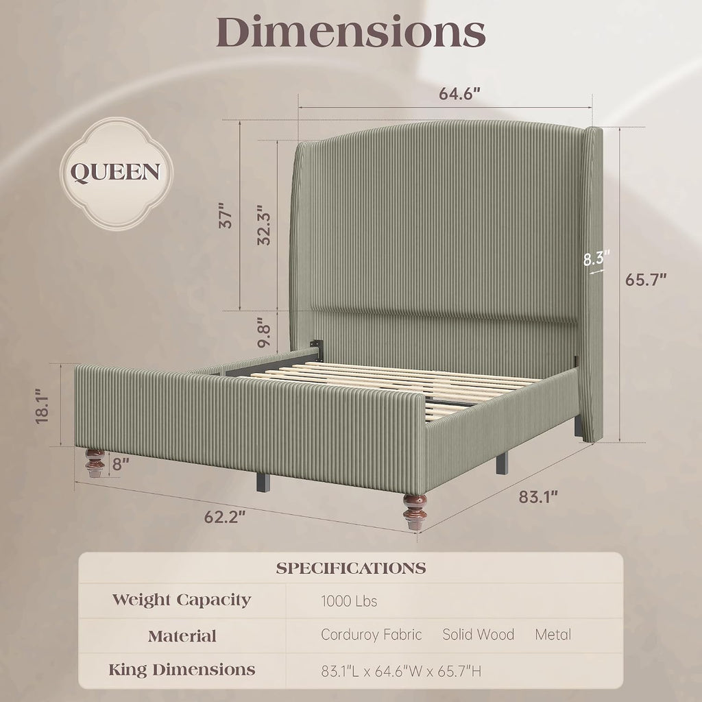 Queen Size Upholstered Bed Frame with 65.7' Tall Headboard Wingback, Soft Washable Corduroy Beds Cover, Solid Wood Legs, Noise-Free, No Box Spring Needed, Light Gray