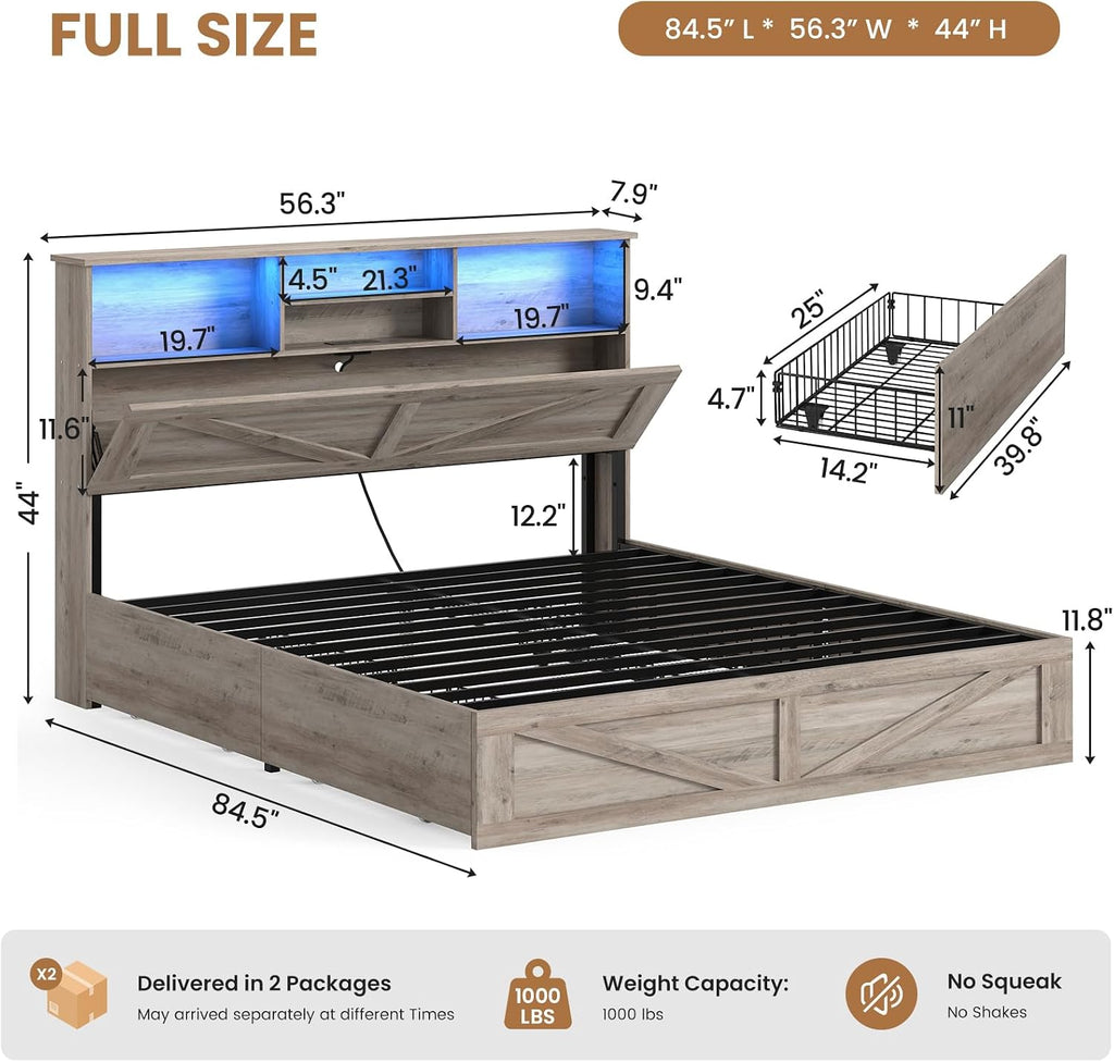 AOGLLATI Full Size Bed Frame with Storage Bookcase Headboard and 4 Drawers,Wooden Farmhouse Led Bed Frame Full Size with Charging Station & Metal Slats, Grey