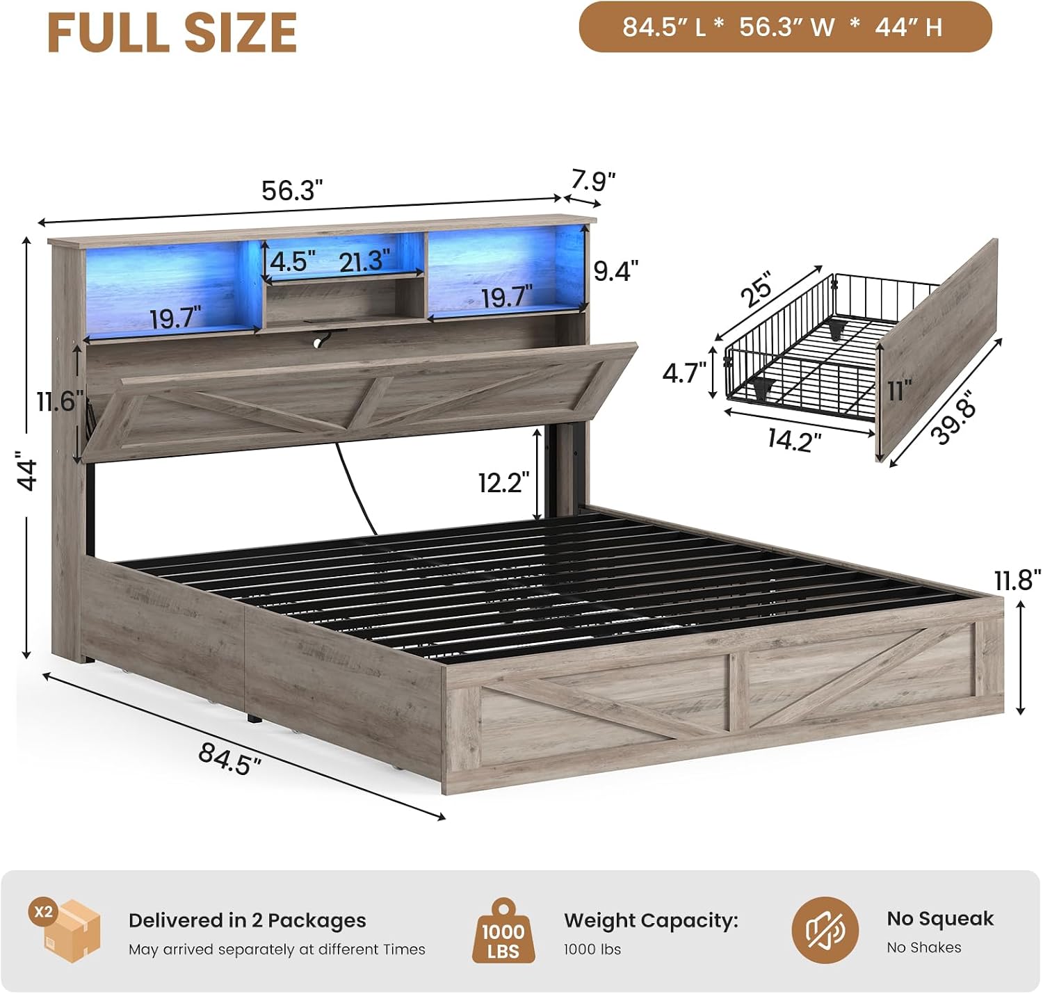 AOGLLATI Full Size Bed Frame with Storage Bookcase Headboard and 4 Drawers,Wooden Farmhouse Led Bed Frame Full Size with Charging Station & Metal Slats, Grey