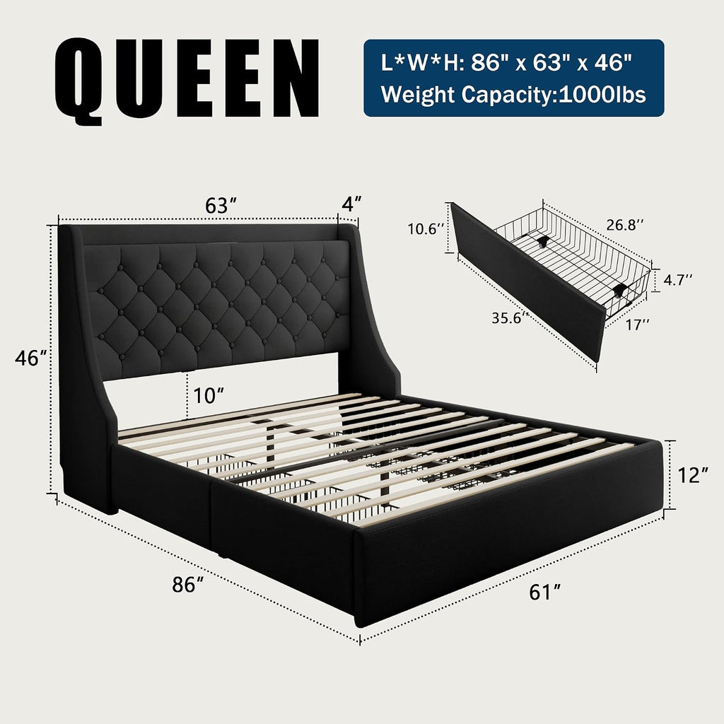 GalnFu Queen Bed Frame with 4 Storage Drawers, Giant Upholstered Wingback Headboard, Fast Charging Station, No Box Spring Needed, Noise-Free, Black