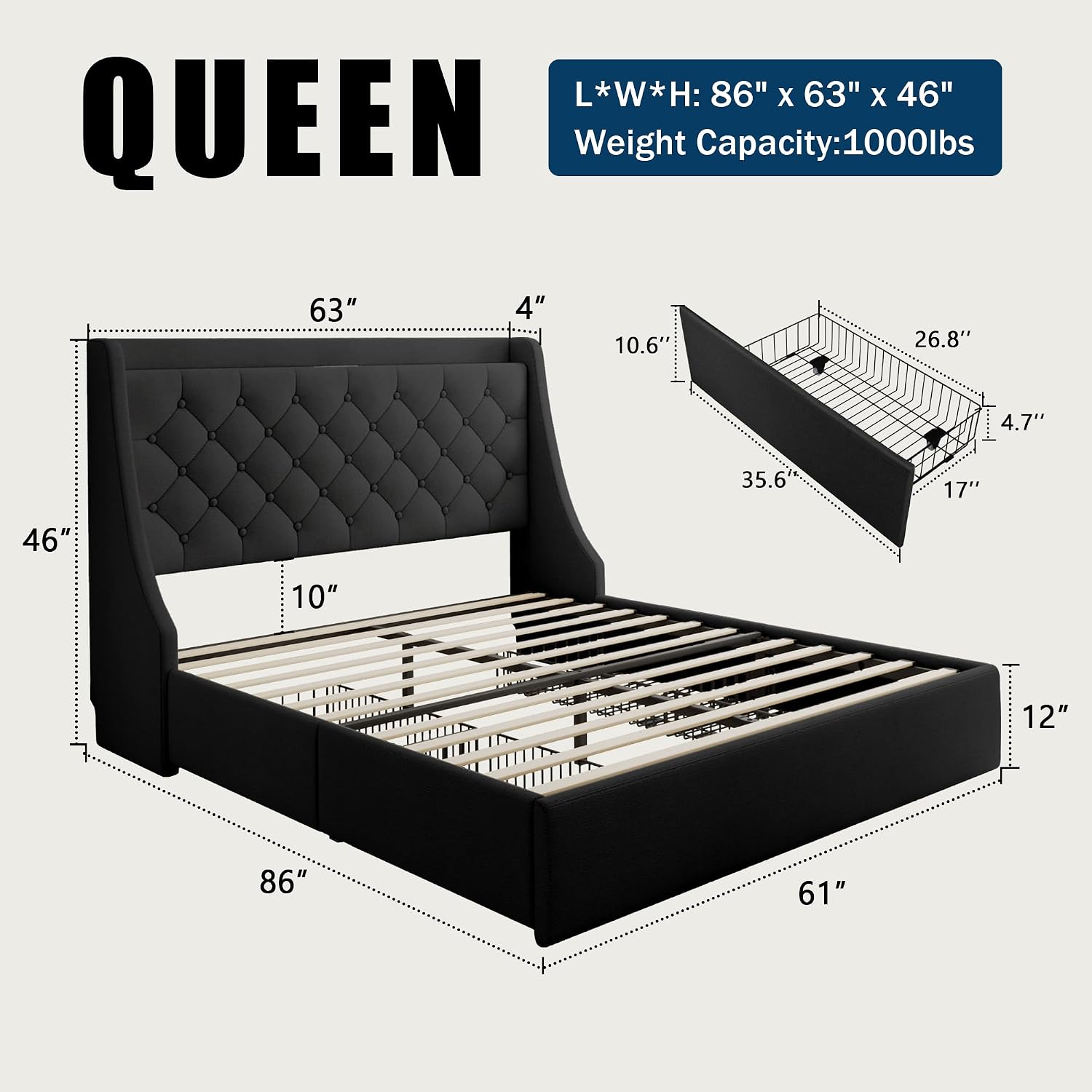 GalnFu Queen Bed Frame with 4 Storage Drawers, Giant Upholstered Wingback Headboard, Fast Charging Station, No Box Spring Needed, Noise-Free, Black