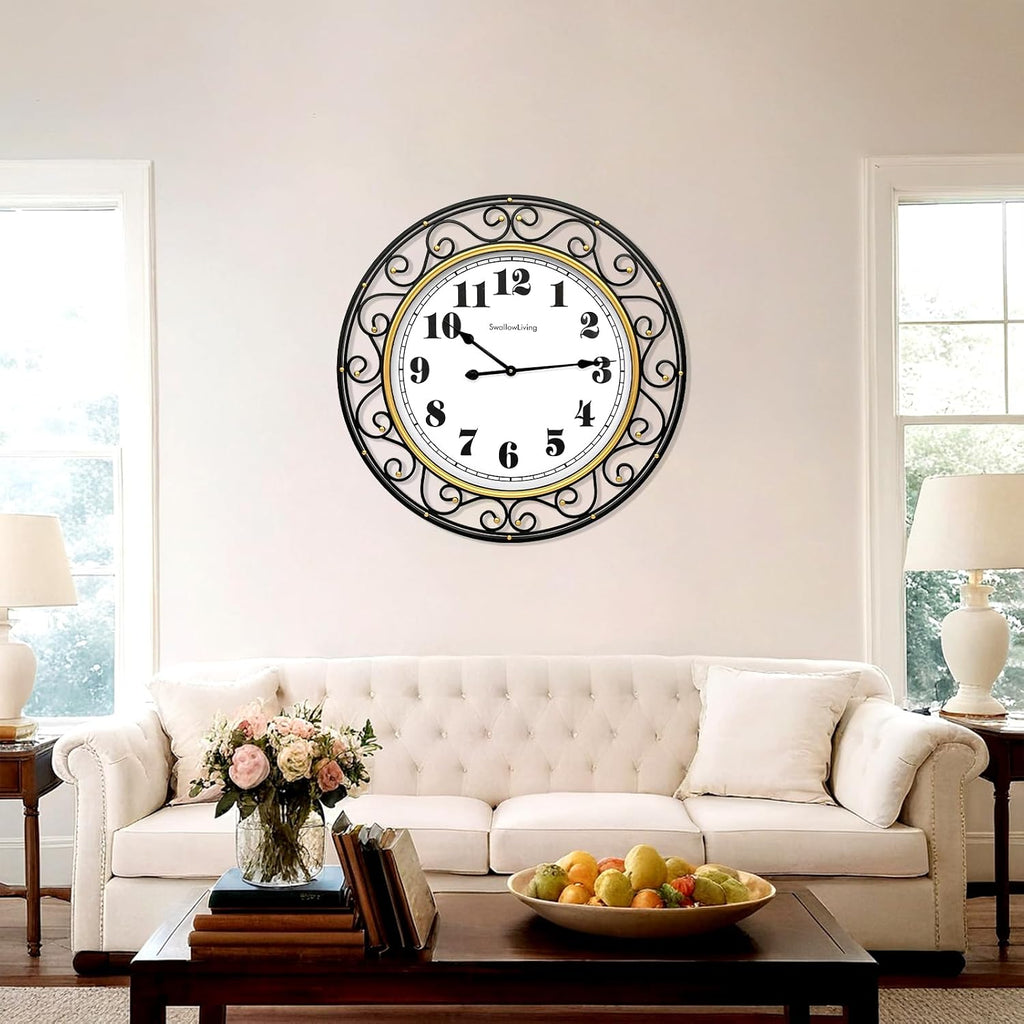 SwallowLiving 30 Inch Vintage Iron Large Black Metal Frame Wall Clock Silent, Battery Operated, Elegant Retro Decor for Living Room, Kitchen, Office, Dining Room, and Bedroom