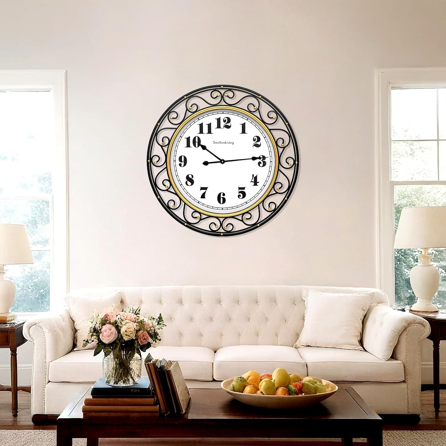 SwallowLiving 30 Inch Vintage Iron Large Black Metal Frame Wall Clock Silent, Battery Operated, Elegant Retro Decor for Living Room, Kitchen, Office, Dining Room, and Bedroom